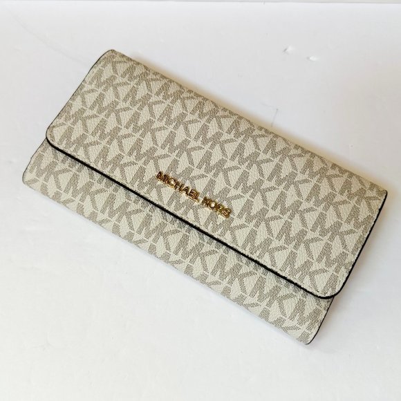 Michael Kors Jet Set Travel Large Trifold Wallet MK Signature Vanilla Brown - Picture 4 of 10